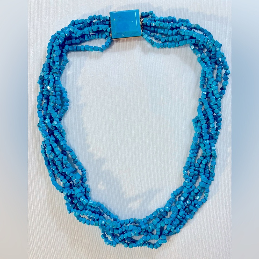 Turquoise Beaded Necklace With Gold Tone Fastener 26" Length Previously Owned